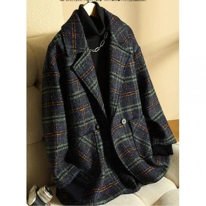 2024 New Style Women's Plaid Suit Woolen Jacket Loose Fit Vintage Checked Woolen Coat Medium Length Korean Version