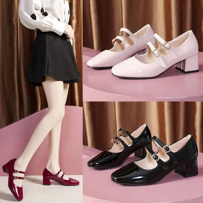 Sapatos Femininos Mary Janes com Fivela Dupla Primavera Outono Sapatos de Vestido em Couro Envernizado Scarpins Salto Alto Sapatos Retrô para Senhoras Preto Vermelho