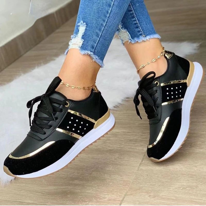 Tênis Feminino Plataforma Patchwork Couro Casual Esportivo Sapatilhas para Mulher