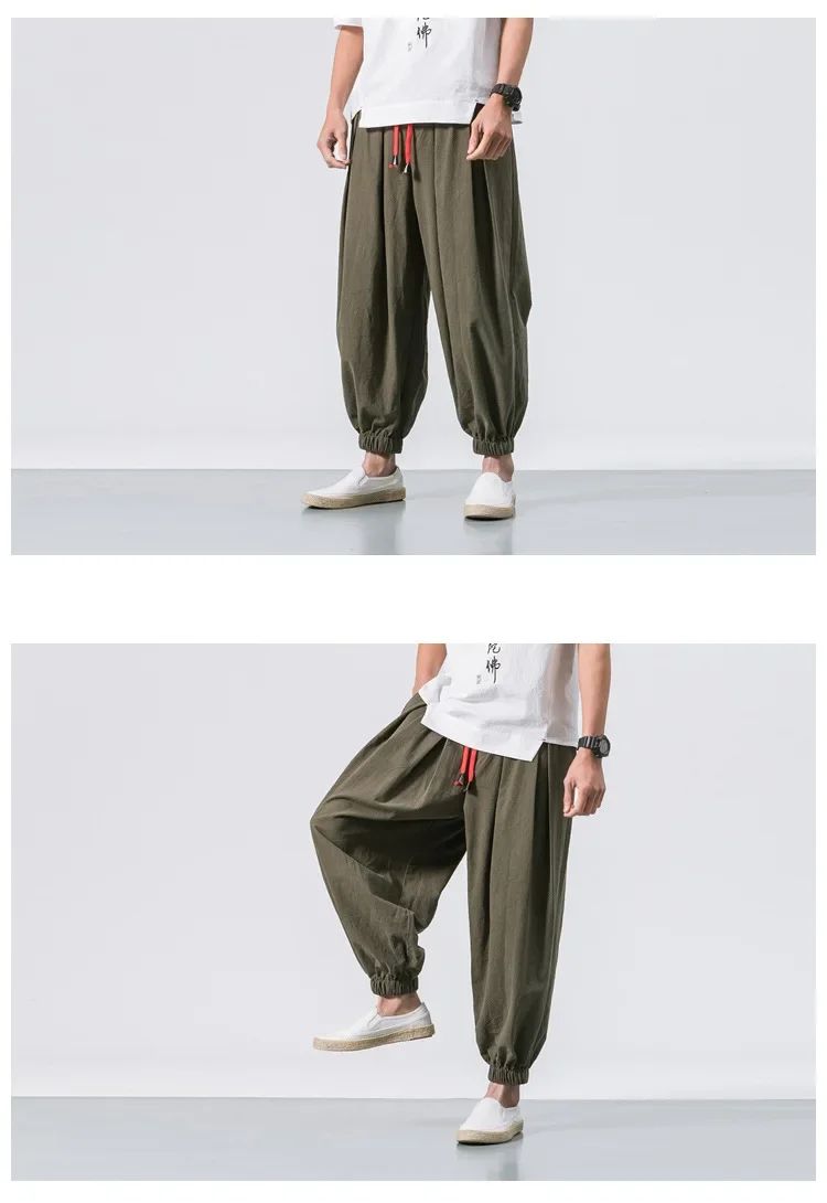 New Trendy Men Harem Pants Loose Oversized Style Cotton and Linen High Quality Jogger Sweatpants Casual Male Trousers