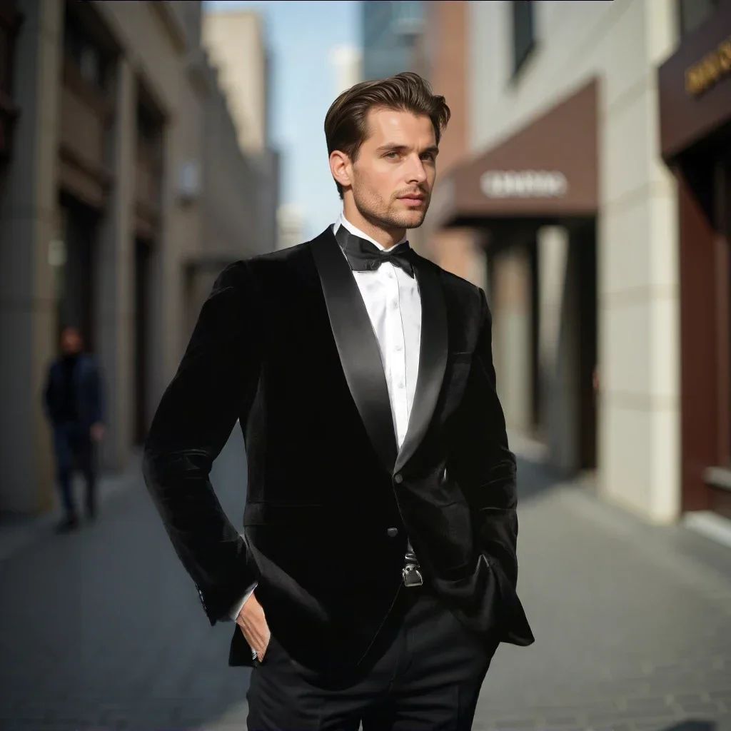 ?Velvet Elegance?Men's Single-Breasted Blazer | Long Sleeve Formal Jacket for Weddings, Business & Events