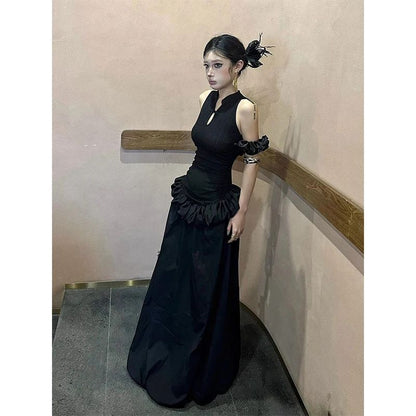 MEXZT Vintage Black Long Dress Women Party Prom Ruffles Sleeveless Maxi Dresses
