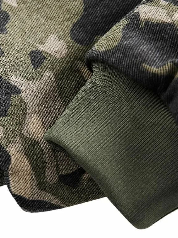 American Retro Camouflage Rose Fleece Lined Hooded Jacket Men and Women Y2K Zipper Warm Jacket Military Green Casual Winter Top