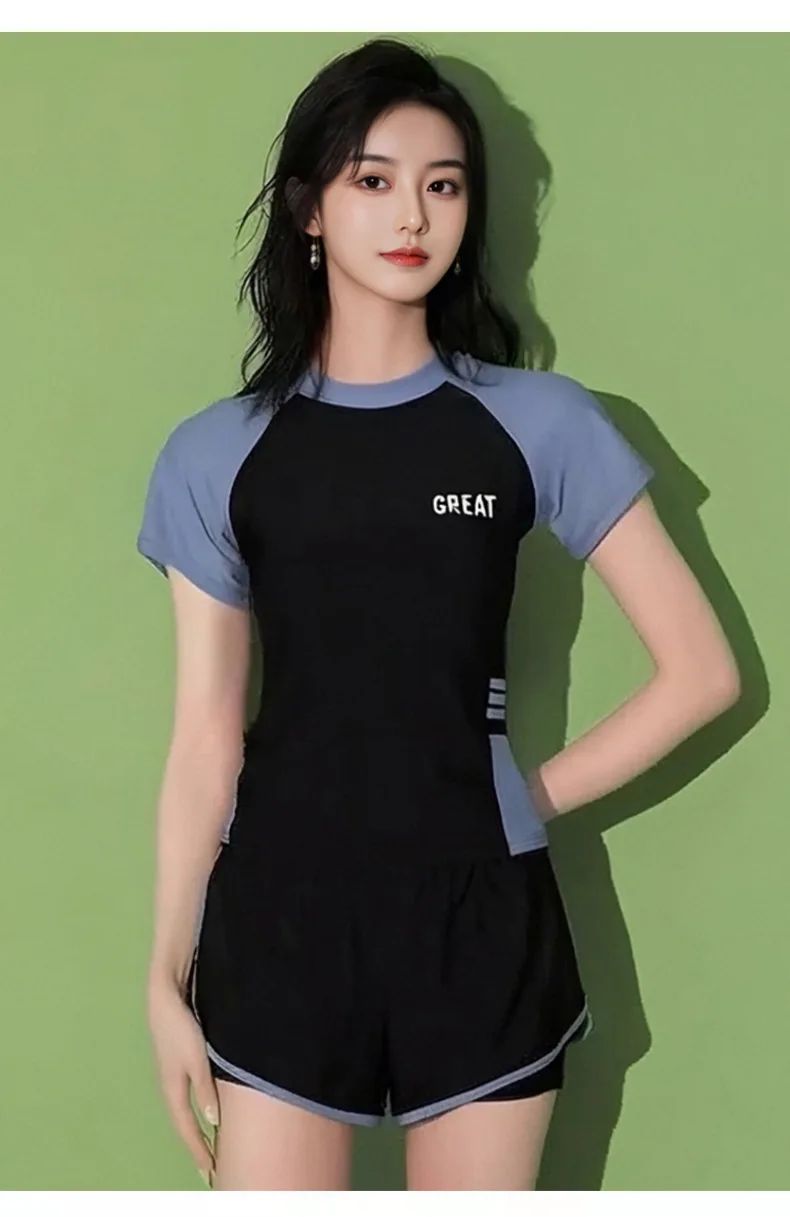 Sporty Two-Piece Swimsuit Short Sleeve plus Size Concealing Conservative Flat Footwear for Hot Springs Swimming Costume