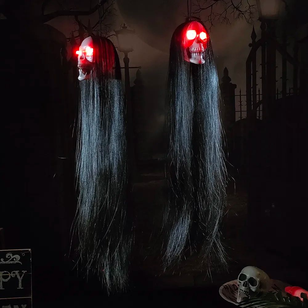 1pc Halloween Hanging Long Hair Ghost Skeleton Pendant LED Light-emitting Horror Bar Haunted House Decoration Party Supplies