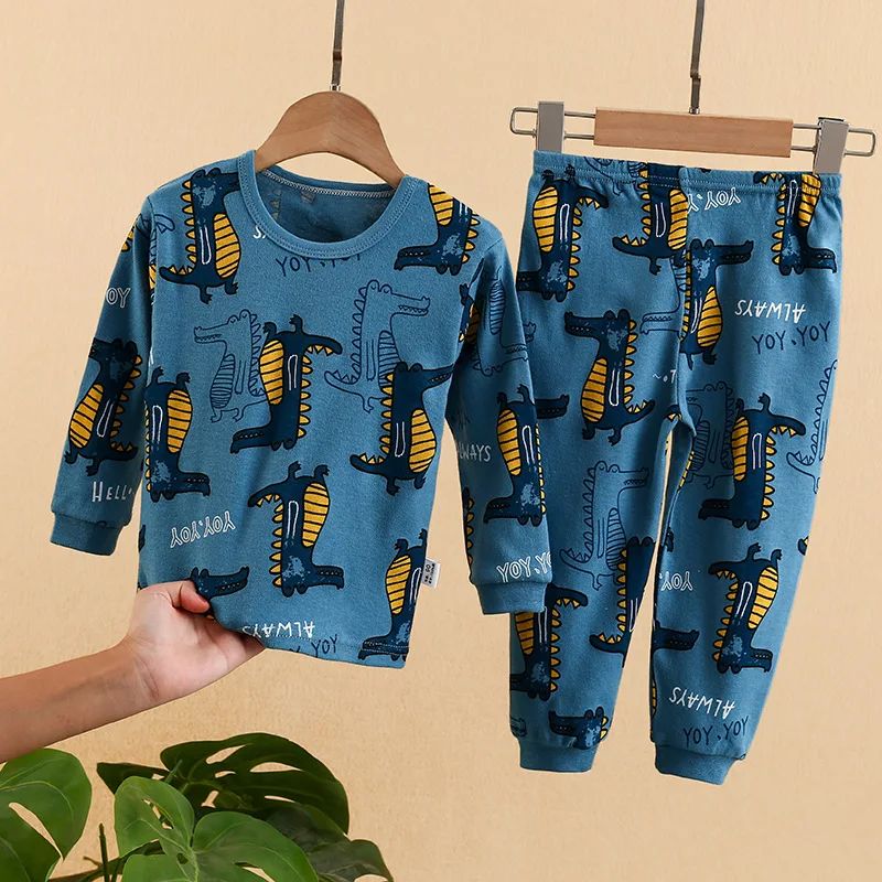 2-10 Years Spring Autumn Boys Pajamas Cartoon Dinosaur Pattern Full Sleeve Shirt +Pants 2Pcs Suit For Kids Children Clothing Set