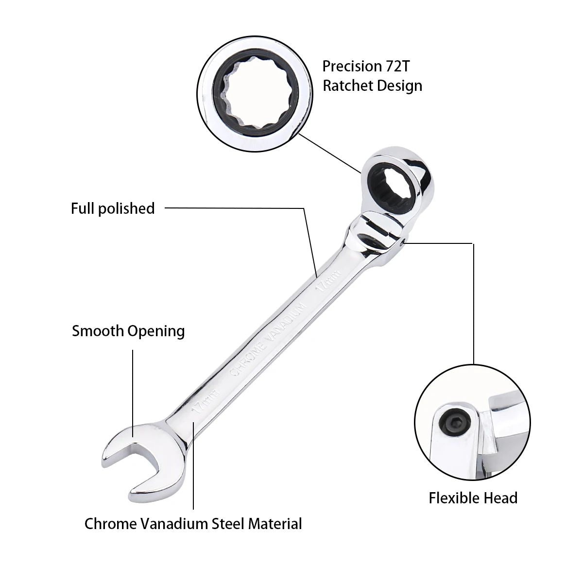 10mm Ratchet Wrench of Keys Spanner Set Hand Tool 72-Tooth Ratcheting Flexible Head Mirror Finish 10mm Auto and Home Repair 1 pc