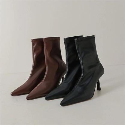 2024 New Autumn Winter Pointed Toe Women Ankle Boots Fashion Zipper Shoes Thin High Heel Women's Morder Short Booties D214