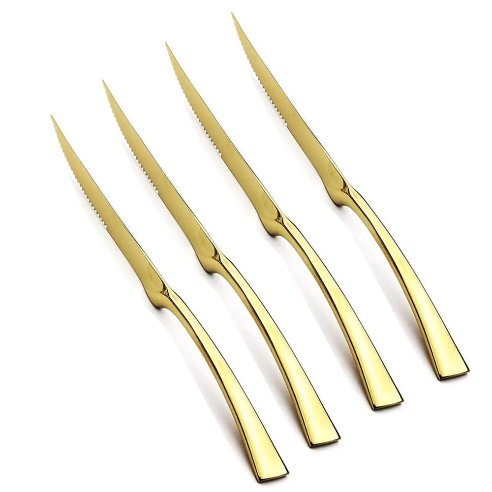 Conjunto de 4 Facas de Jantar Espelhadas, Talheres de Aço Inoxidável, Talheres Dourados e Prateados, Louça Ocidental, Facas de Bife para Restaurante