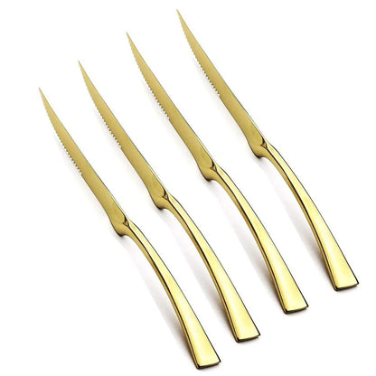 Conjunto de 4 Facas de Jantar Espelhadas, Talheres de Aço Inoxidável, Talheres Dourados e Prateados, Louça Ocidental, Facas de Bife para Restaurante