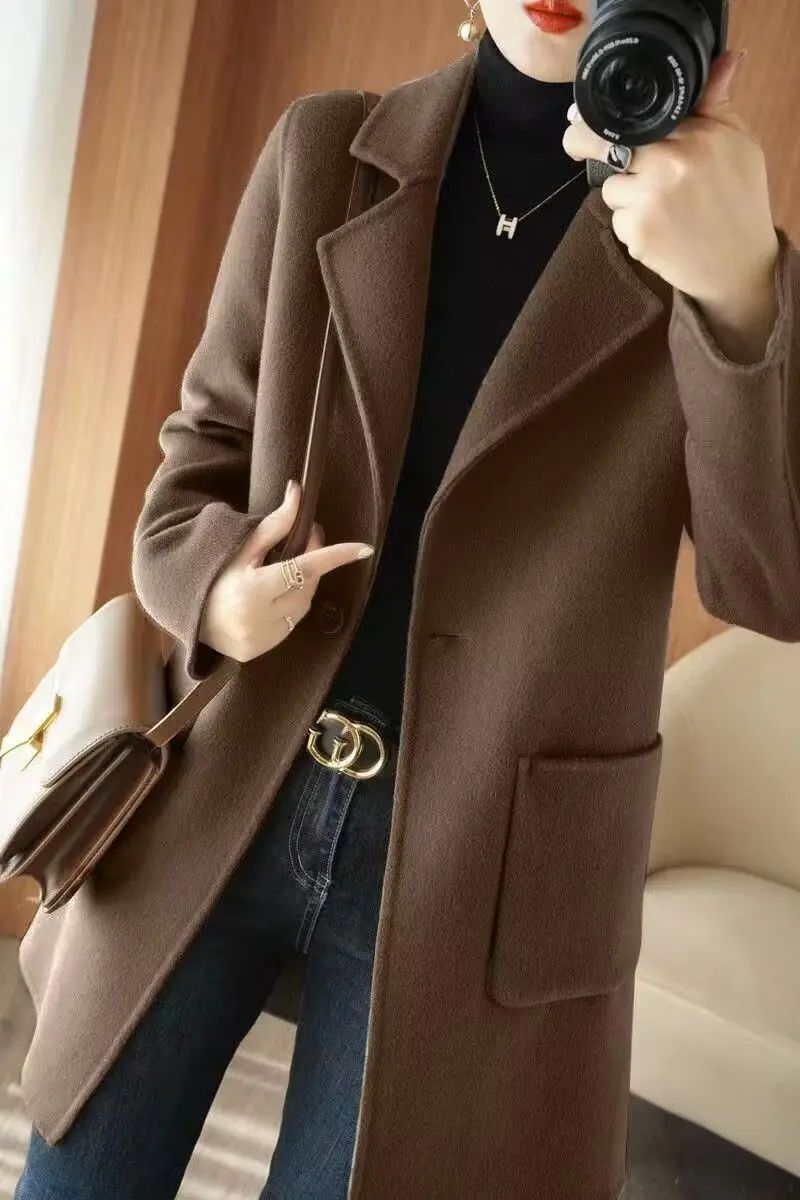 Ladies' Fashionable Woolen Coat Autumn Winter High End Medium Length Leisure Style Woolen Outerwear Pure Color Full Sleeve