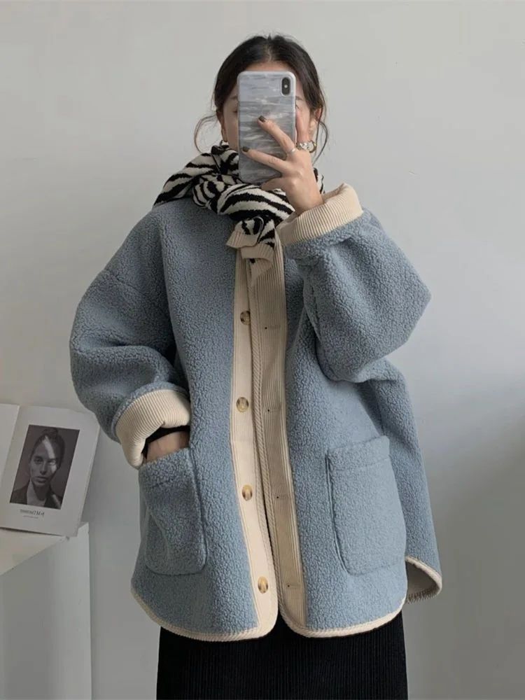 2024 Winter New Women's Lamb Wool Jacket Petite Loose-Fit Thickened Integrated Deer Skin Fleece Medium-Length Korean Style