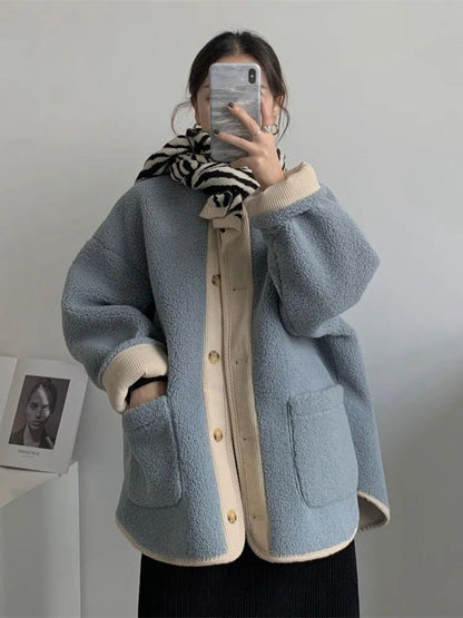 2024 Winter New Women's Lamb Wool Jacket Petite Loose-Fit Thickened Integrated Deer Skin Fleece Medium-Length Korean Style