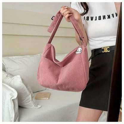 Women’s Corduroy Shoulder Bag Casual Striped Large Capacity Tote with Zipper Closure, Cute Hat Patch, Perfect for Everyday Use