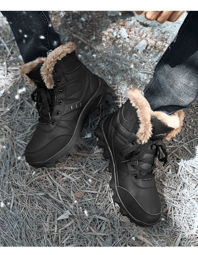 Botas de Neve de Inverno 2025 Masculinas Sapatos Outdoor Cano Alto Cadarço Antiderrapante Botas de Tornozelo Quente Confortáveis Pelúcia Sapatos Casuais Masculinos