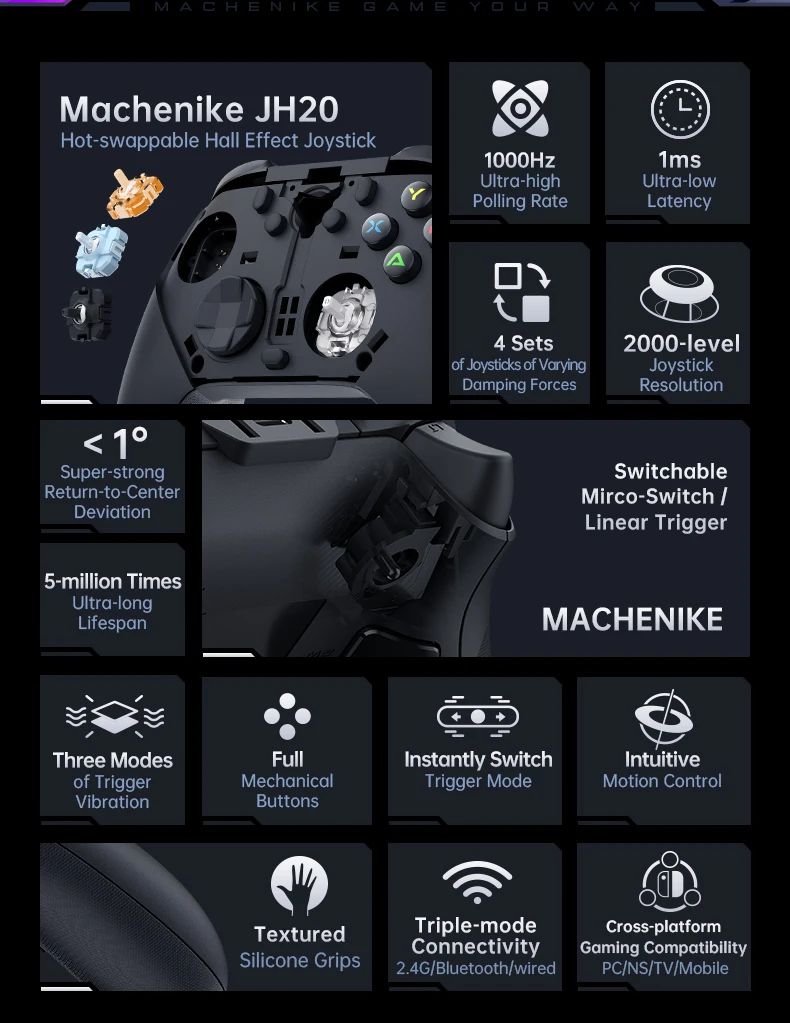 G6 Pro Tri Mode Gamepad Wireless Controller for PC Nintendo Switch 2 Hall Effect Joystick Polling Rate MACHENIKE Game Controller