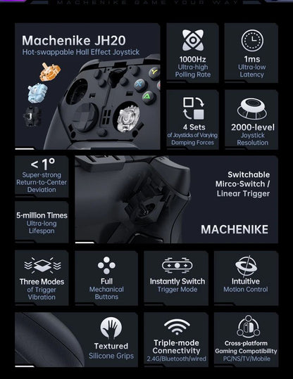 G6 Pro Tri Mode Gamepad Wireless Controller for PC Nintendo Switch 2 Hall Effect Joystick Polling Rate MACHENIKE Game Controller