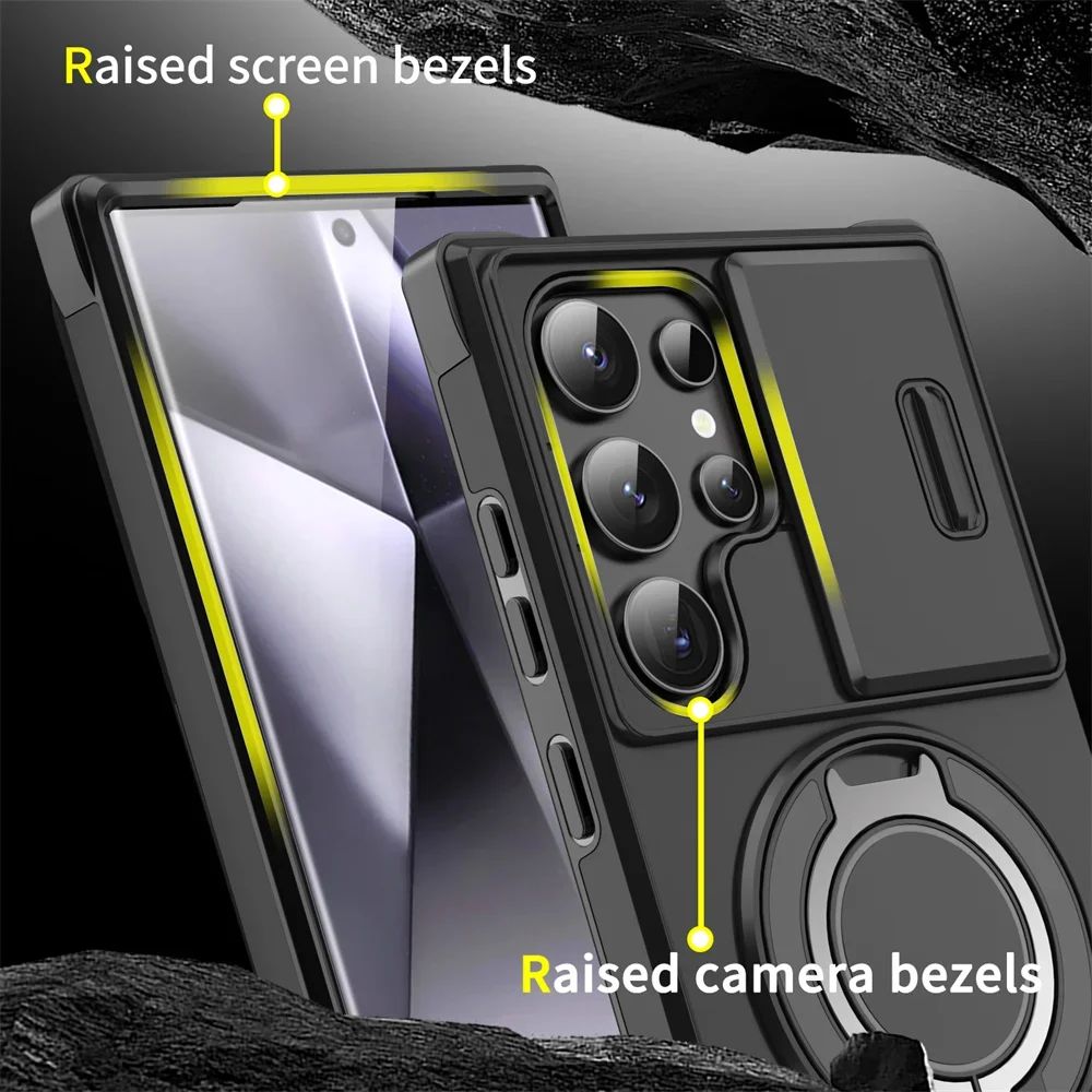 Capa Armor com Suporte Magnético para Samsung S25 S24 S22 S21 S23 S20 Ultra Plus FE com Proteção de Câmera Deslizante e Antichoque