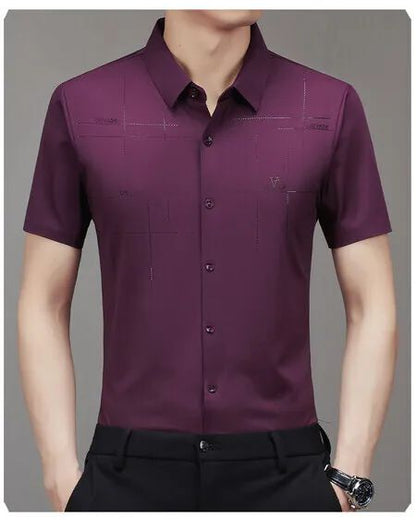 Men's Ice Silk Business Shirt Short Sleeve Anti-wrinkle Iron-free Seamless Shirt Highly Elastic Comfortable Wear Gift for Man