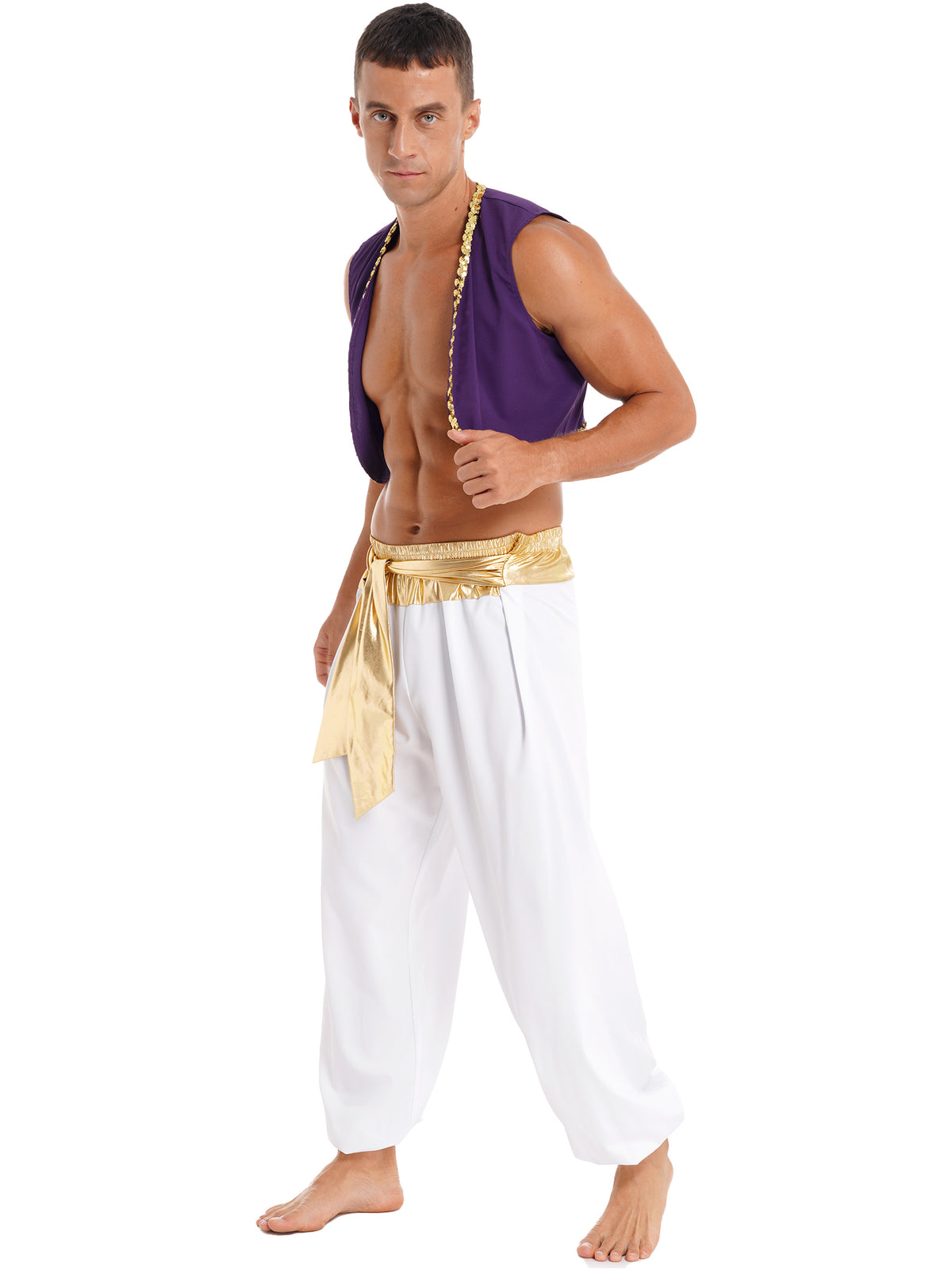 Aladin Costume Men Arabian Prince Cosplay Dress Up Waistcoat Top Harem Pants Suit Halloween Theme Party Carnival Stage Outfits