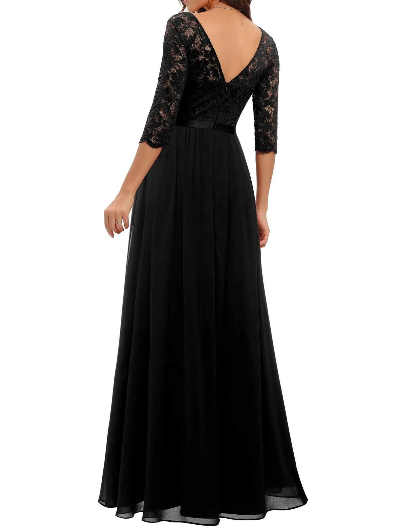 New 6-Color 5-Size Lace Splicing Long Waist-Cinching Elegant Dress Floor-Length V-Neck Polyester Fiber Evening Gown Dress