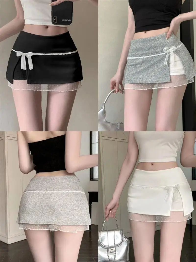 Mini Skirts Women Patchwork Lace Bow Hotsweet Summer A-Line Skirt with Safety Pants Fashion Side Slit Bodycon 2025 Lady Skirts