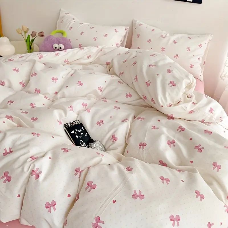 3pcs Pink Bow Duvet Cover Set with 2 Pillowcases, Cozy and Breathable Quilt Cover Suitable for All Seasons