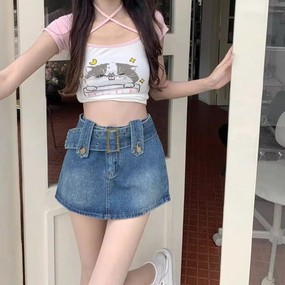 Plus Size High Waist Denim Mini Skirt for Women in Black Grey plus Size Slimming Summer New Style Short Skirts Sexy Girl Hong...