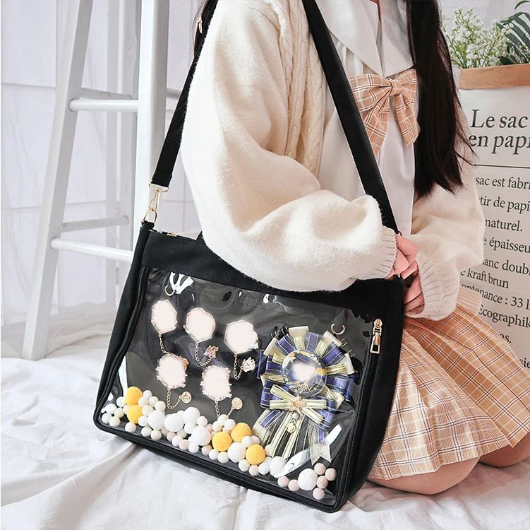 Japanese Big Ita Bag Black with Insert Cute Clear Women Double Straps Girls Kawaii Transparent Shoulder Bag Purses and Handbags