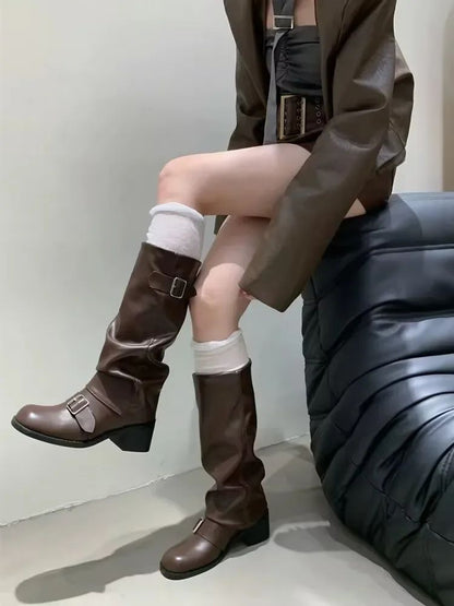 Woman Boots Knee High Platform Chunky Heels Trend Punk Gothic New Rock Leather Fashion Women's Shoes Motorcycle Footwear Q221