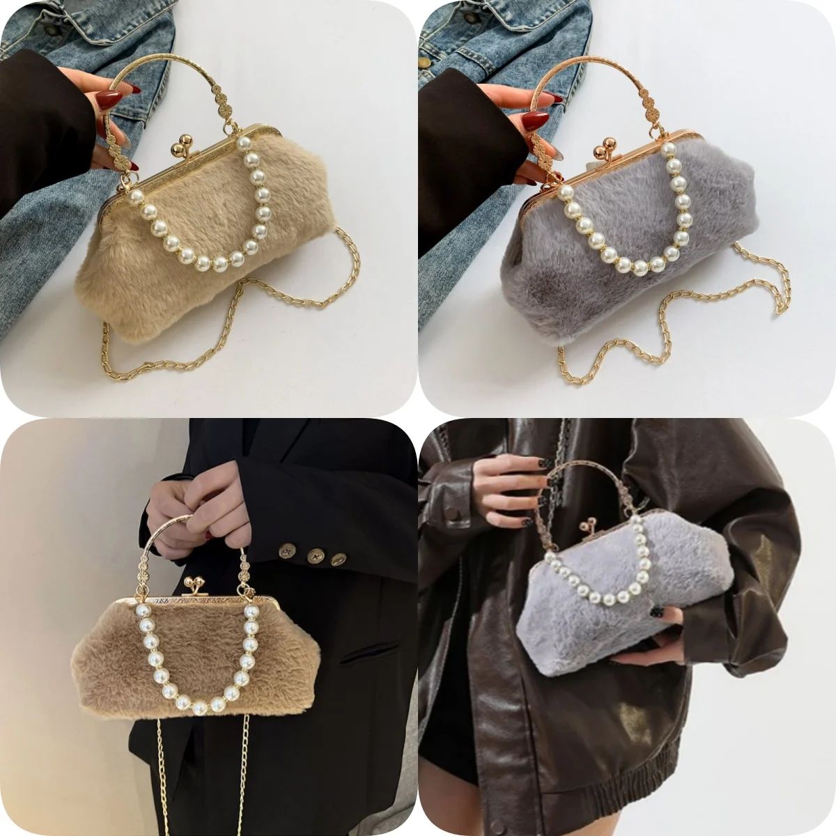 New suede pearl fashionable handbag small shoulder bag,metal handle highlights noble temperament,pearl chain adds elegant charm