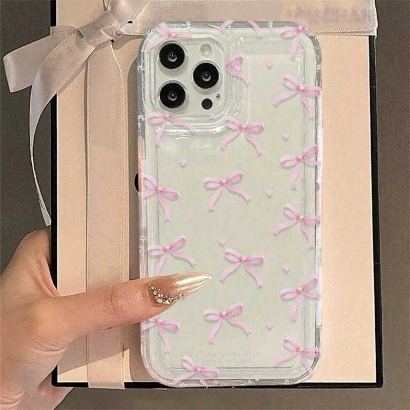 Capa de Celular com Laço de Coração Rosa Fofo para IPhone 17 16 15 14 13 12 11 Pro Max 13 12 Mini 17Air 16e Capas Antichoque Macias Transparentes Coque
