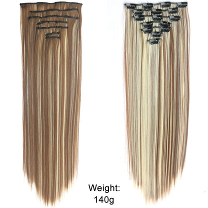 7 peças/conjunto de aplique de cabelo com 16 grampos, preto, longo e liso, cabelo natural, aplique de cabelo ombre, fibra resistente ao calor para penteado feminino