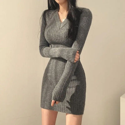 Women Knit Slim Sexy Bodycon Dress V-Neck Long Sleeve Dress Solid Casual Midi Sw