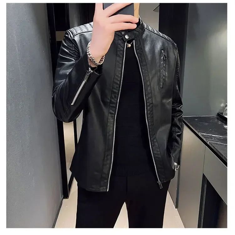 Stand Collar Solid Color White Black Leather Jacket Zip Up PU Coat Men's Motorcycle Leather Jacket Male Spring Autumn Casual