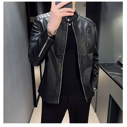 Stand Collar Solid Color White Black Leather Jacket Zip Up PU Coat Men's Motorcycle Leather Jacket Male Spring Autumn Casual