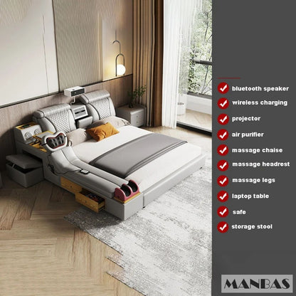 Linlamlim Ultimate Multifunctional Bedframe - Tech Smart Bed with Genuine Leather, Massage, Speaker, Projector, Air Purifier