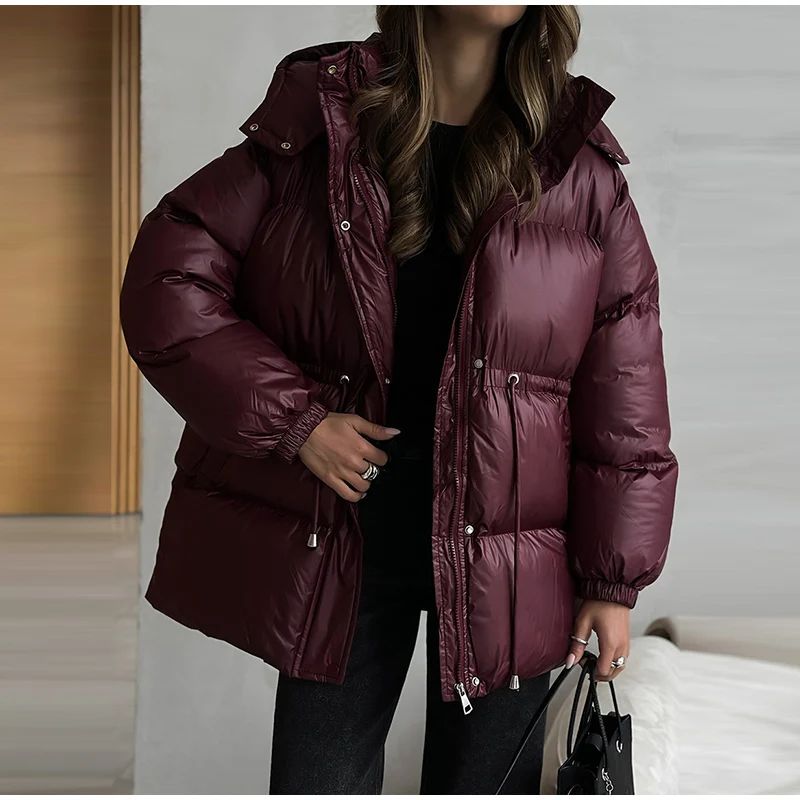 Glossy Shiny Women 's Down Jackets Vintage Hooded Zipper Puffer Full Sleeve Jackets For Woman 2025 Woman Winter Coats Outwears