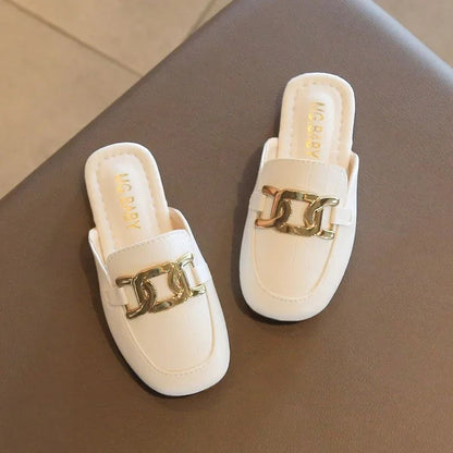 Children Sandals for Girls 2024 Summer New Girls Covered Toes Flat Leather Slippers Casual Lazy Metal Korean Kids Fashion Flats