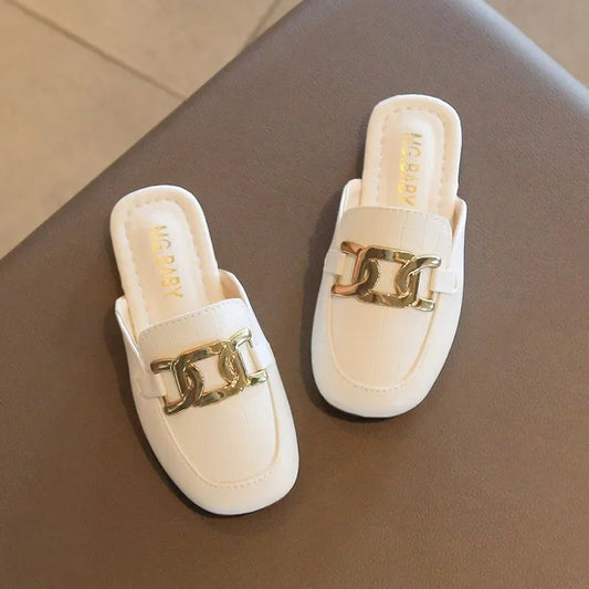 Children Sandals for Girls 2024 Summer New Girls Covered Toes Flat Leather Slippers Casual Lazy Metal Korean Kids Fashion Flats