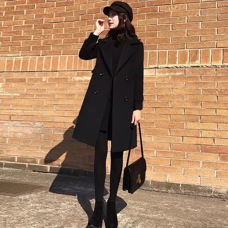 Plus Size Black Woolen Coat 2025 New Style Women's Autumn Winter Professional Mid-Length Trendy Polyester Fiber Suit Collar F...