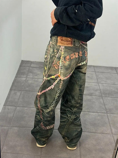 Calça Jeans Casual Unissex com Estampa Digital 3D de Corrente de Doce Estilo American High Street, com Efeito Desgastado e Perna Reta