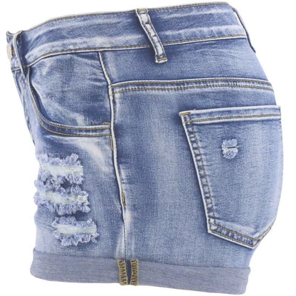 Women's Split Denim Shorts Summer Beach Wild Fashion Sexy Mid Waist Curled Cuff Perforated Elastic Slim Fit Casual Shorts