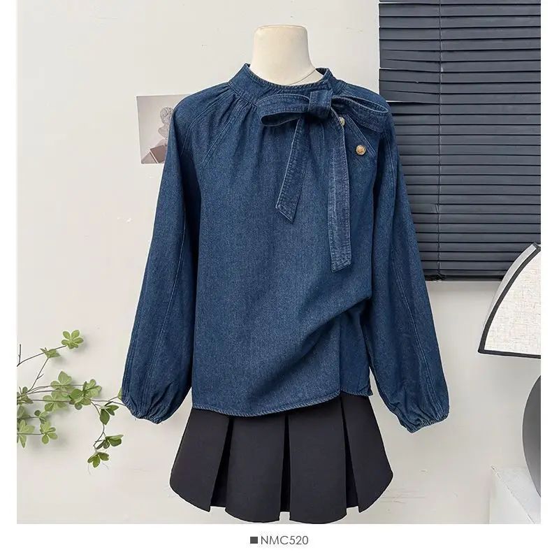 French Vintage Butterfly Knot Belted Bubble Sleeve Shirt Women Spring 2025 New Fashion Ageless Loose Stand Collar Top