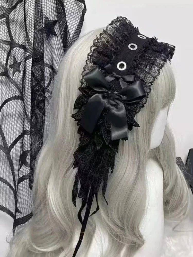 Women Japanese Lolita Kawaii Cute Headband Gothic Kawaii Lace Patchwork Hair Band Bow Wing ?y2k Aesthetic Cosplay Accessories