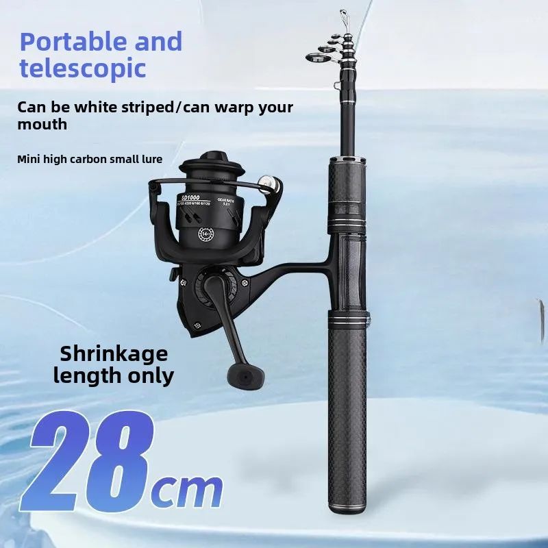 Vara de pesca curta portátil de micro haste de 28 cm, haste branca, com carretel de pesca telescópico ejetor, material de pesca