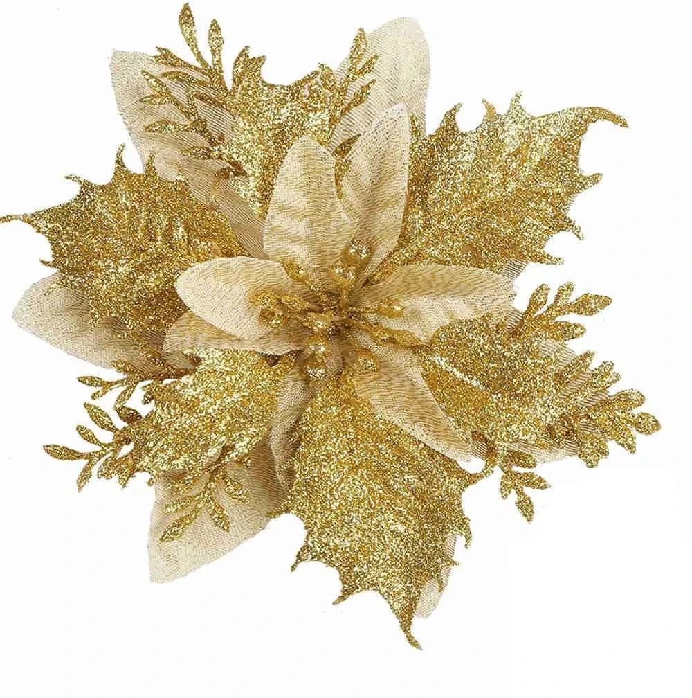 1/5/10pcs Sparkling Red Golden Silver Poinsettia Artificial Flowers Christmas Tree Ornaments for Xmas New Year party Decoration