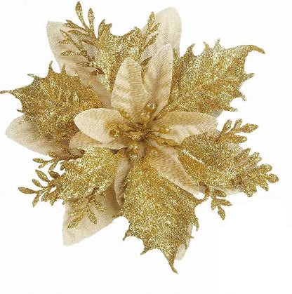 1/5/10pcs Sparkling Red Golden Silver Poinsettia Artificial Flowers Christmas Tree Ornaments for Xmas New Year party Decoration