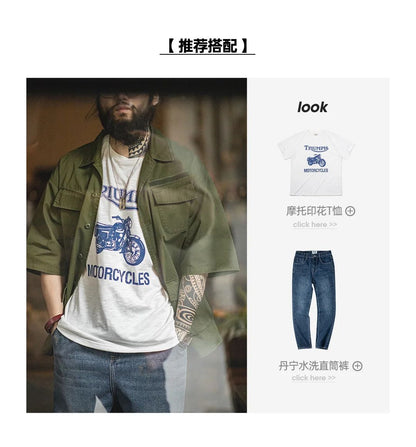 Maden Summer Vintage Four Pockets Short Sleeve Shirts for Men Cotton Green Loose Turn-down Collar Shirt Cargo Tops Male XL XXL