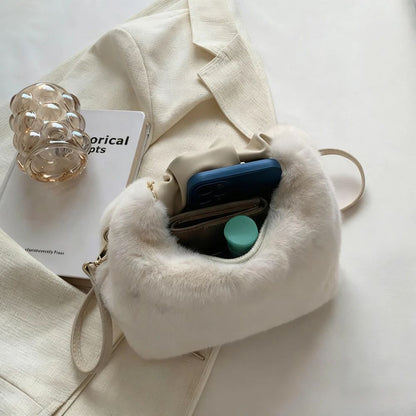 Fashionable Cute Plush Shoulder Bag for Women's Solid Color Soft Fluffy  Handbag Autumn Winter Soft Plush Crossbody Bag